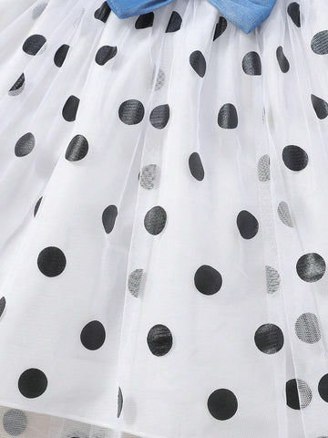 Young Girls' Denim & Polka Dot Mesh Patchwork Elastic Waist Flowy Open Chest Dress