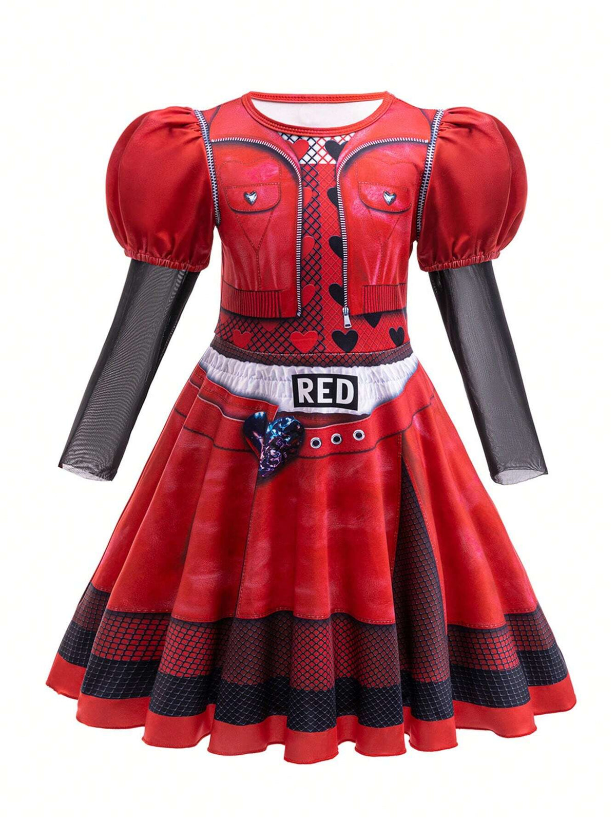 Young Girls' Descendants-Inspired Red Round Neck Long Sleeve Dress, Cosplay Party Performance Outfit