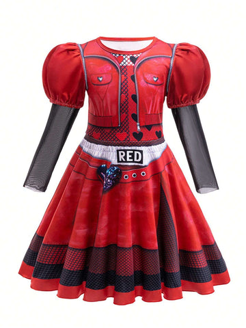 Young Girls' Descendants-Inspired Red Round Neck Long Sleeve Dress, Cosplay Party Performance Outfit