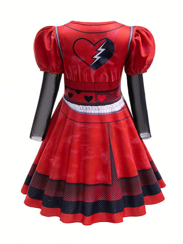 Young Girls' Descendants-Inspired Red Round Neck Long Sleeve Dress, Cosplay Party Performance Outfit