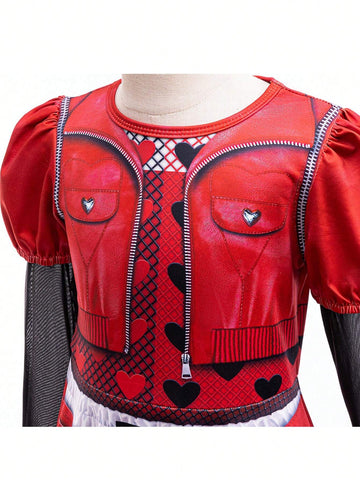 Young Girls' Descendants-Inspired Red Round Neck Long Sleeve Dress, Cosplay Party Performance Outfit