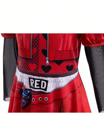 Young Girls' Descendants-Inspired Red Round Neck Long Sleeve Dress, Cosplay Party Performance Outfit