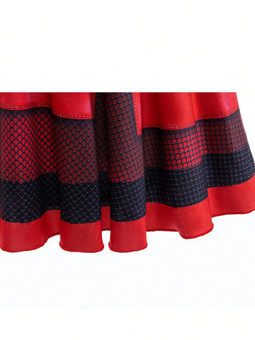 Young Girls' Descendants-Inspired Red Round Neck Long Sleeve Dress, Cosplay Party Performance Outfit