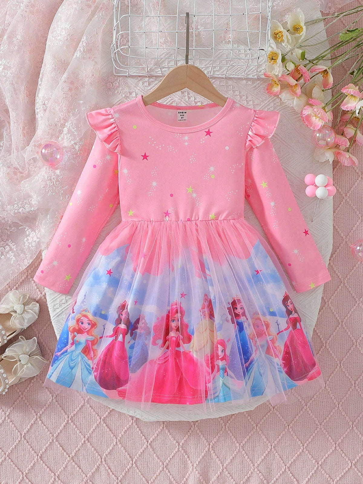 Young Girls Digital Cartoon Princess Print A-Line Cap Sleeve Casual Dress, Spring Autumn
