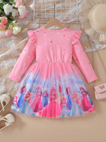 Young Girls Digital Cartoon Princess Print A-Line Cap Sleeve Casual Dress, Spring Autumn