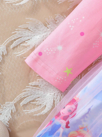 Young Girls Digital Cartoon Princess Print A-Line Cap Sleeve Casual Dress, Spring Autumn