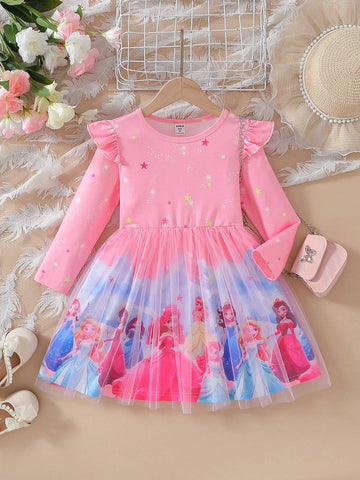 Young Girls Digital Cartoon Princess Print A-Line Cap Sleeve Casual Dress, Spring Autumn