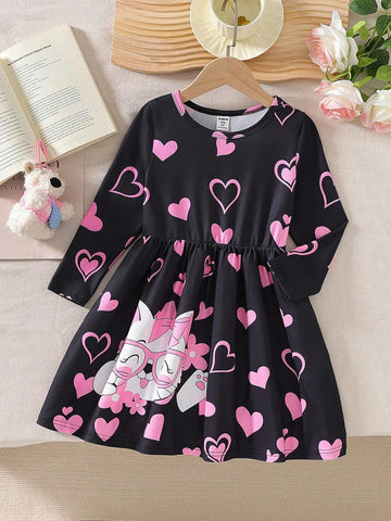Young Girls Digital Cat & Heart Print Round Neck Long Sleeve Loose Mid-Length A-Line Elastic Waist Dress, Spring Autumn