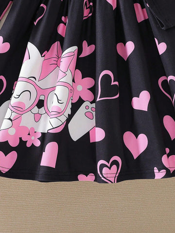 Young Girls Digital Cat & Heart Print Round Neck Long Sleeve Loose Mid-Length A-Line Elastic Waist Dress, Spring Autumn
