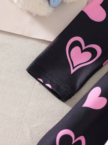Young Girls Digital Cat & Heart Print Round Neck Long Sleeve Loose Mid-Length A-Line Elastic Waist Dress, Spring Autumn