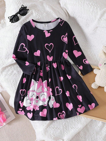 Young Girls Digital Cat & Heart Print Round Neck Long Sleeve Loose Mid-Length A-Line Elastic Waist Dress, Spring Autumn