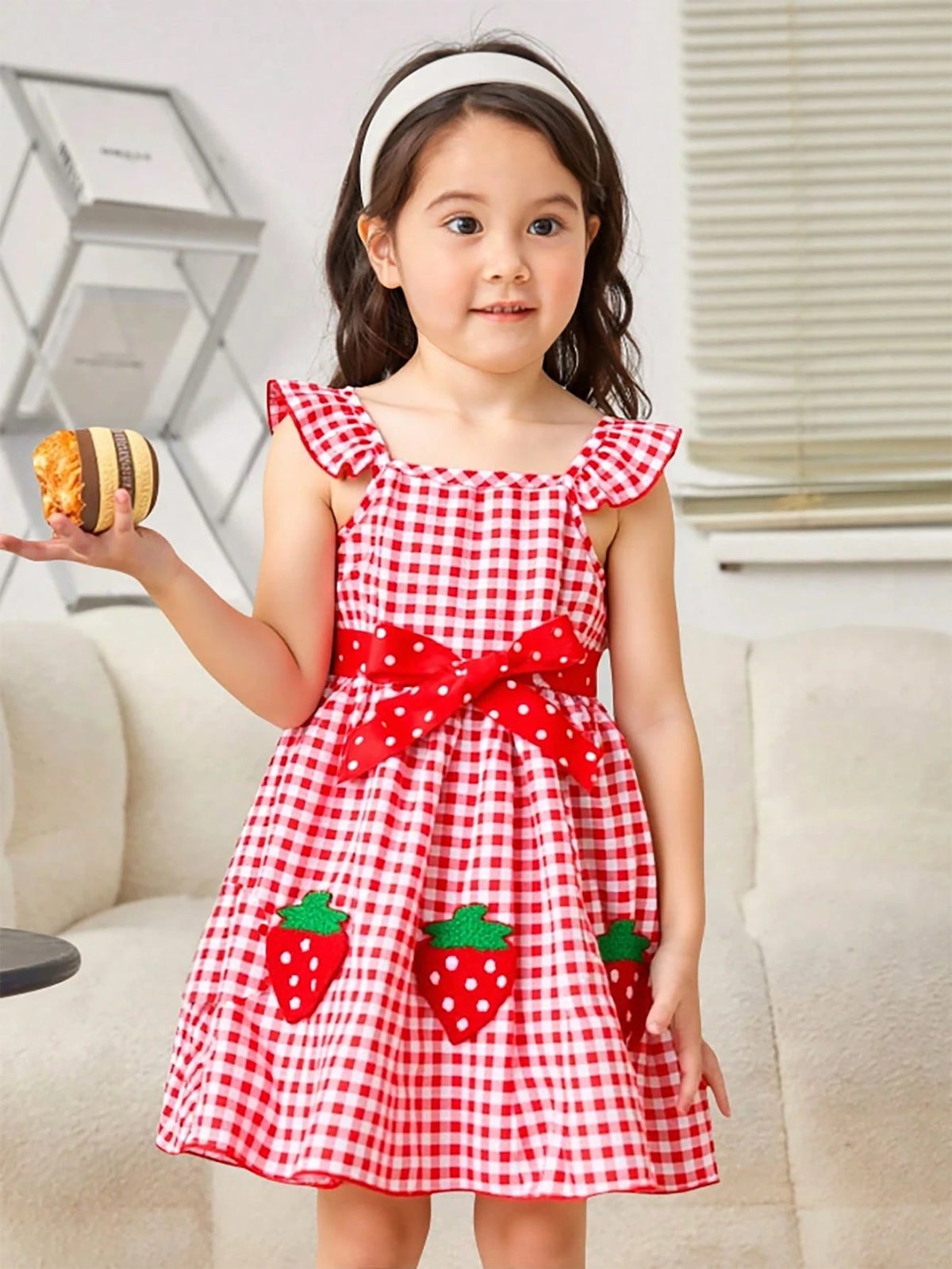 Young Girls Digital Print Red Patch Hem With Strawberry Embroidered Cap Sleeve A-Line Dress
