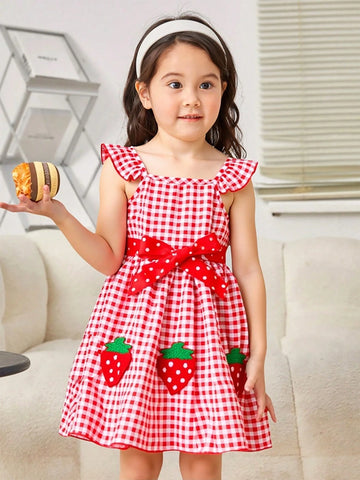 Young Girls Digital Print Red Patch Hem With Strawberry Embroidered Cap Sleeve A-Line Dress