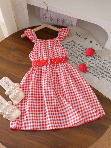 Young Girls Digital Print Red Patch Hem With Strawberry Embroidered Cap Sleeve A-Line Dress