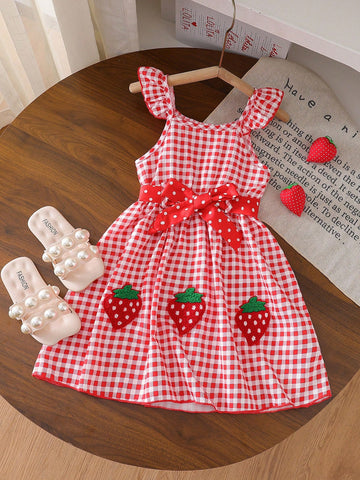 Young Girls Digital Print Red Patch Hem With Strawberry Embroidered Cap Sleeve A-Line Dress