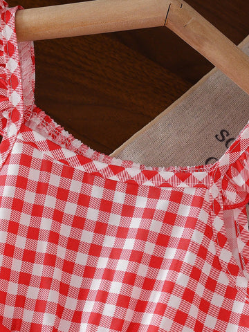 Young Girls Digital Print Red Patch Hem With Strawberry Embroidered Cap Sleeve A-Line Dress