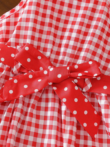 Young Girls Digital Print Red Patch Hem With Strawberry Embroidered Cap Sleeve A-Line Dress