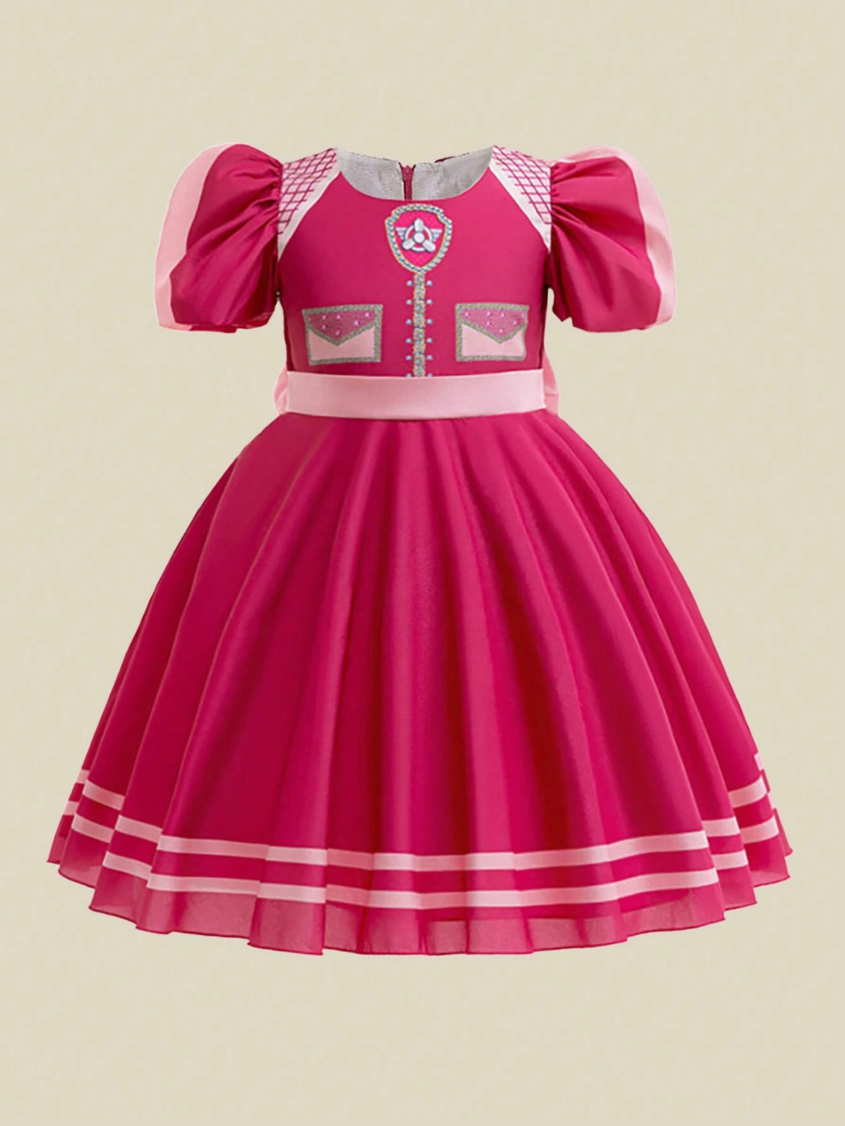 Young Girls Digital Printed Short Sleeve Dress With Big Bow Decor For Birthday Party & Performance