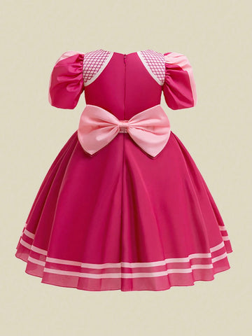 Young Girls Digital Printed Short Sleeve Dress With Big Bow Decor For Birthday Party & Performance