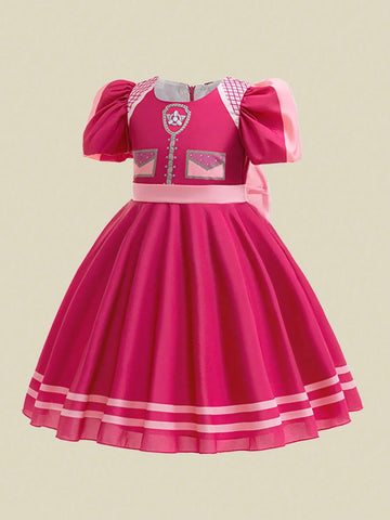 Young Girls Digital Printed Short Sleeve Dress With Big Bow Decor For Birthday Party & Performance