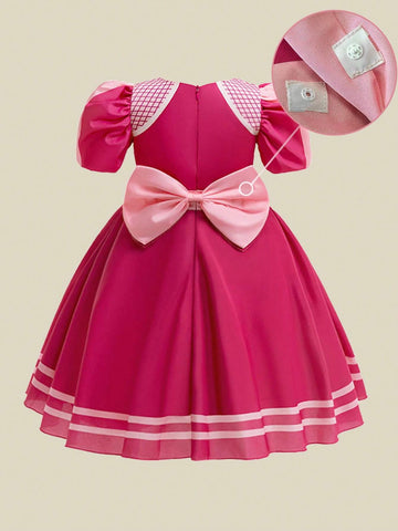 Young Girls Digital Printed Short Sleeve Dress With Big Bow Decor For Birthday Party & Performance