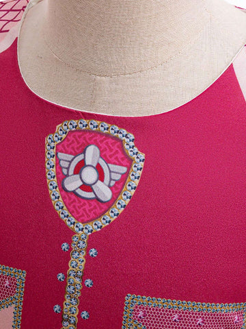 Young Girls Digital Printed Short Sleeve Dress With Big Bow Decor For Birthday Party & Performance