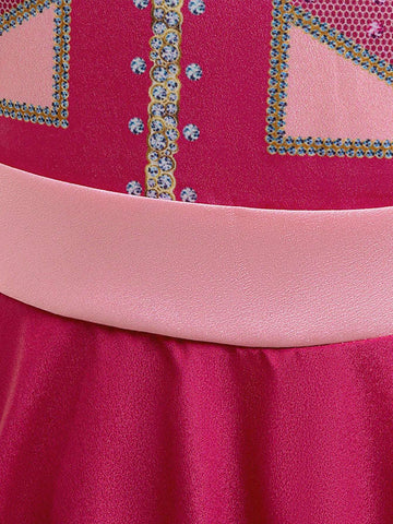 Young Girls Digital Printed Short Sleeve Dress With Big Bow Decor For Birthday Party & Performance