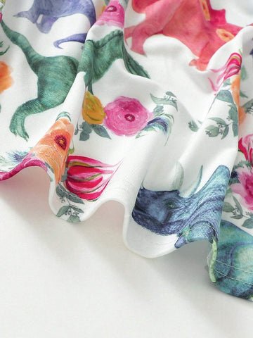 Young Girls' Dinosaur Print Two-Piece Casual Spaghetti Strap Dress Set