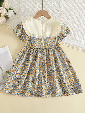 Young Girls' Ditsy Ditsy Collared Dress With College Style, Summer