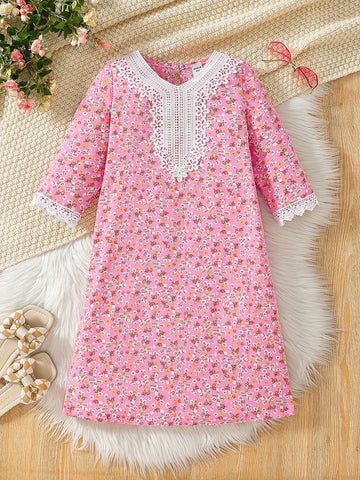 Young Girls Ditsy Floral Collar & Cuff Frill Trim Fitted Casual Dress, Spring Summer
