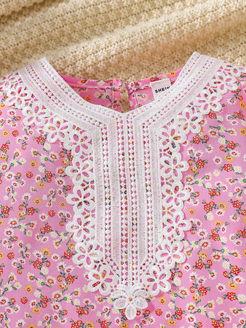 Young Girls Ditsy Floral Collar & Cuff Frill Trim Fitted Casual Dress, Spring Summer