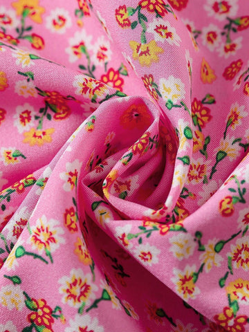 Young Girls Ditsy Floral Collar & Cuff Frill Trim Fitted Casual Dress, Spring Summer