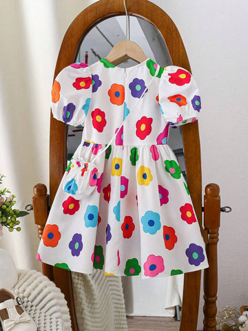 Young Girl's Ditsy Floral Puff Sleeve Knitted Casual Dress With Shoulder Bag
