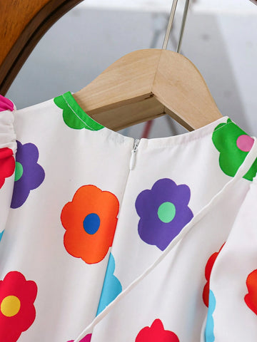 Young Girl's Ditsy Floral Puff Sleeve Knitted Casual Dress With Shoulder Bag