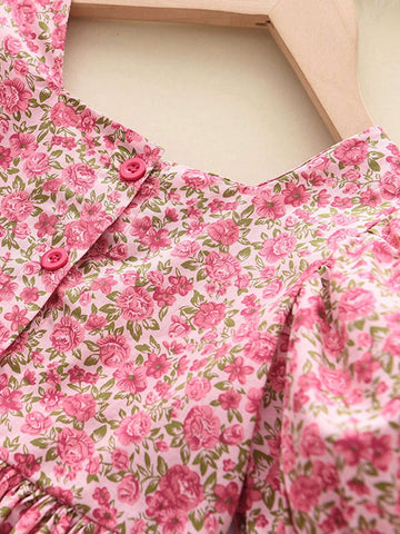 Young Girls' Ditsy Floral Square Neck Short Sleeve Dress, Summer