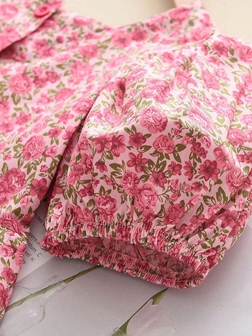 Young Girls' Ditsy Floral Square Neck Short Sleeve Dress, Summer