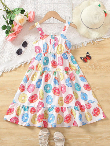 Young Girls' Donut Printed Spaghetti Strap Sundress