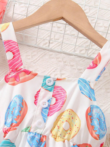 Young Girls' Donut Printed Spaghetti Strap Sundress