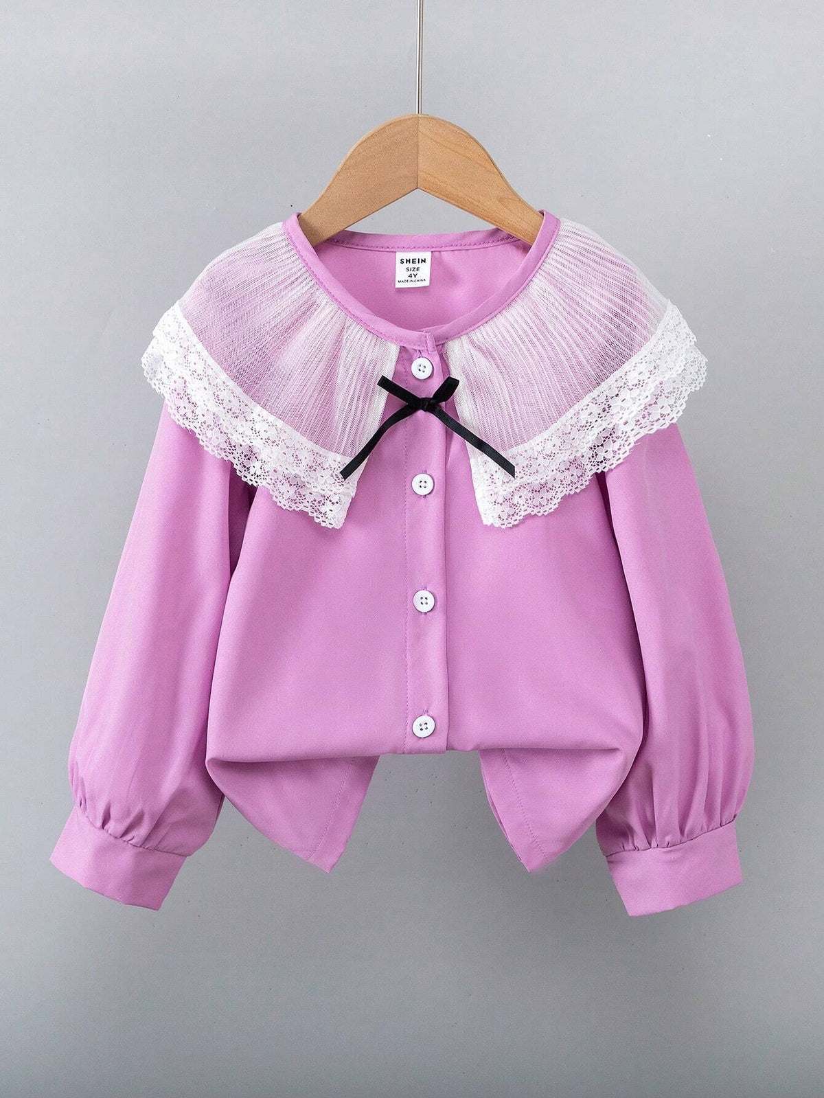 Young Girls Double-Layer Lace, Ruffles, Open Placket, Button Front Collar, Fixed Black Bow Cuffs, Pleated Lantern Long Sleeves, Princess Shirt, Spring And Autumn Style