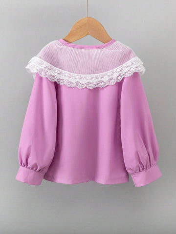 Young Girls Double-Layer Lace, Ruffles, Open Placket, Button Front Collar, Fixed Black Bow Cuffs, Pleated Lantern Long Sleeves, Princess Shirt