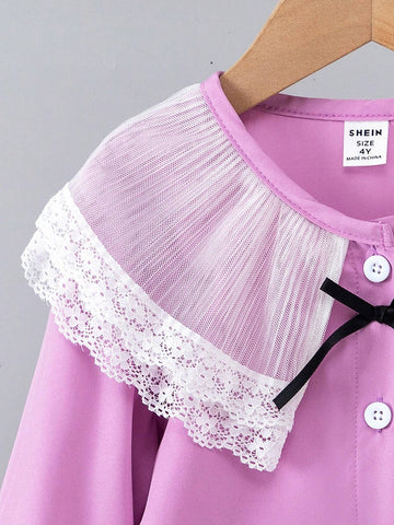 Young Girls Double-Layer Lace, Ruffles, Open Placket, Button Front Collar, Fixed Black Bow Cuffs, Pleated Lantern Long Sleeves, Princess Shirt