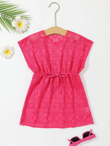 Young Girls Drawstring Hollow Out Waist Swimwear Dress Cover-Up