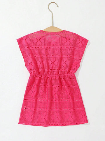 Young Girls Drawstring Hollow Out Waist Swimwear Dress Cover-Up