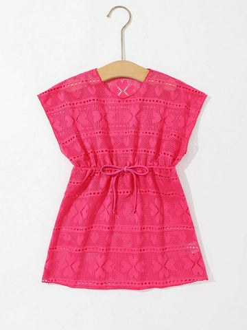 Young Girls Drawstring Hollow Out Waist Swimwear Dress Cover-Up