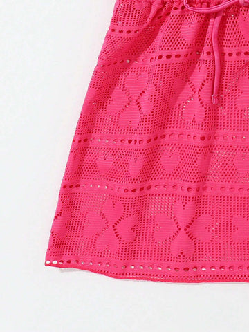 Young Girls Drawstring Hollow Out Waist Swimwear Dress Cover-Up