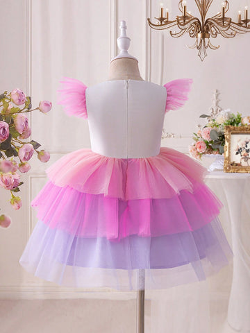 Young Girl's Dreamy Princess Style Mesh Patchwork Short Sleeve Dress
