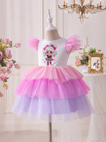 Young Girl's Dreamy Princess Style Mesh Patchwork Short Sleeve Dress