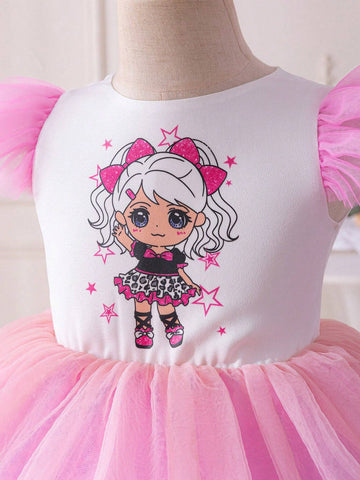 Young Girl's Dreamy Princess Style Mesh Patchwork Short Sleeve Dress