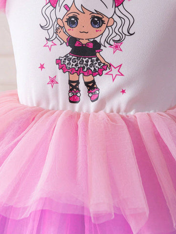 Young Girl's Dreamy Princess Style Mesh Patchwork Short Sleeve Dress
