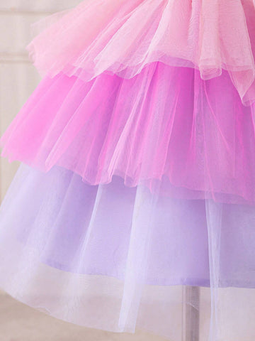 Young Girl's Dreamy Princess Style Mesh Patchwork Short Sleeve Dress